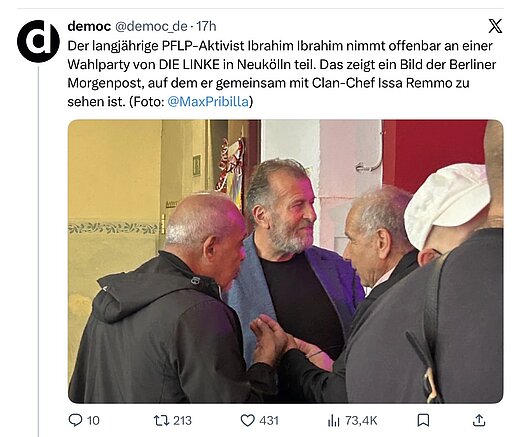 Screenshot eines democ-Beitrags zur Wahlparty der Linken in Berlin-Neukölln mit einem Foto, auf dem democ Ibrahim Ibrahim und Issa Remmo benennt