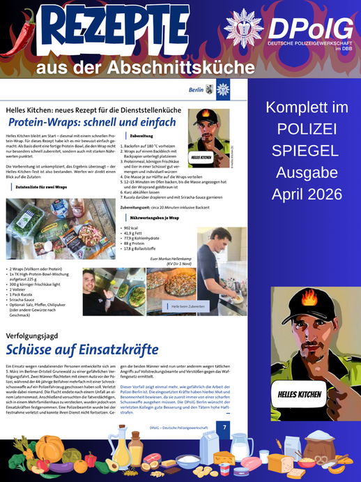 Übersichtsbild des Helles Kitchen Rezepts für Protein-Wraps aus der Dienststellenküche der Polizei Berlin mit Zutaten, Zubereitung und fertigem Gericht.