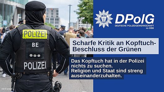 Polizistin mit Kopftuch in Berliner Polizeiuniform (Aufschrift „Polizei BE“) bei einem Einsatz, daneben DPolG-Logo und Schriftzug „Scharfe Kritik an Kopftuch-Beschluss der Grünen – Religion und Staat sind streng auseinanderzuhalten“, Symbolbild zur Debatte um Neutralitätsgesetz und Kopftuch im Polizeidienst Berlin.