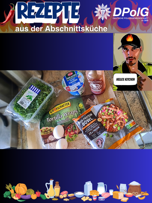 Zutaten für Protein-Wraps mit Frischkäse, Eiern, Rucola und Protein-Bowl in einer Dienststellenküche der Polizei Berlin für Helles Kitchen.