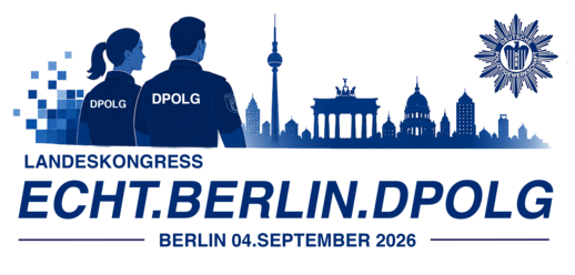 Logo des 25. Landeskongresses der DPolG Berlin am 4. September 2026 mit Berliner Skyline und zwei DPolG-Polizeibeschäftigten.