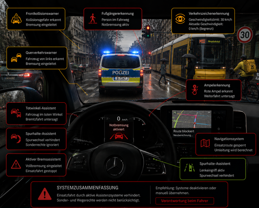 Polizeifahrzeug während einer Einsatzfahrt in Berlin: Die Grafik zeigt, wie Assistenzsysteme wie Notbremsassistent, Spurhalteassistent, Totwinkel-Assistent und Verkehrszeichenerkennung Sonder- und Wegerechte nicht berücksichtigen und Einsatzfahrten beeinträchtigen können.