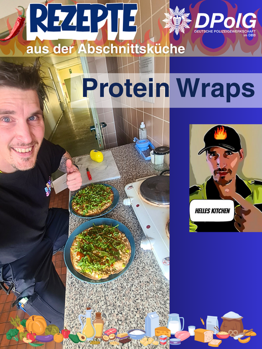 Fertige Protein-Wraps mit Rucola und Sriracha-Sauce in einer Dienststellenküche der Polizei Berlin, präsentiert von Helles Kitchen nach der Zubereitung.