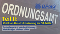 Titelgrafik zum zweiten Teil einer DPolG-Berichterstattung über die Umstrukturierung im Ordnungsamt Mitte. Im Hintergrund ist die Rückenaufschrift „Ordnungsamt“ auf einer Dienstjacke zu sehen. Darüber stehen die Überschriften „Teil II: Kritik an Umstrukturierung im OA Mitte“ sowie „Trotz Gespräch mit der Führung: Viele Fragen bleiben offen“. Oben rechts befindet sich das DPolG-Logo.