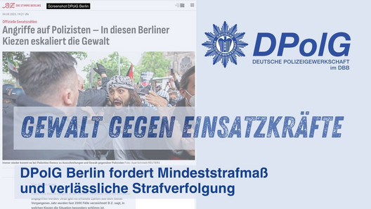 Screenshot eines Online-Artikels der B.Z. Berlin mit der Überschrift zu tätlichen Angriffen auf Einsatzkräfte. Im Artikel werden Frank Teichert, stellvertretender Landesvorsitzender der DPolG Berlin, und Bodo Pfalzgraf, Landesvorsitzender, mit kritischen Aussagen zu fehlenden Konsequenzen für Täter zitiert. Das Symbolbild zeigt Polizeikräfte im Einsatz.