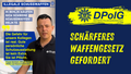 Grafik der DPolG Berlin zu illegalen Schusswaffen mit Frank Teichert, stellvertretender Landesvorsitzender. Er fordert bessere persönliche Schutzausstattung für Polizeikräfte. Daneben steht: „Schärferes Waffengesetz gefordert“.