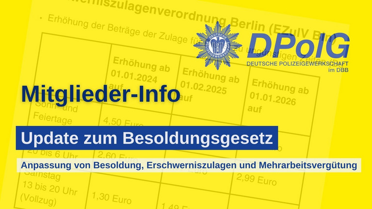 Wir nennen euch hier die aktuellen Zahlen zur Anpassung von Besoldung, Erschwerniszulagen und Mehrarbeitsvergütung für die Jahre 2024 bis 2025 im Land Berlin. Die Zahlen beruhen auf Infos des Personalservices der Polizei Berlin.