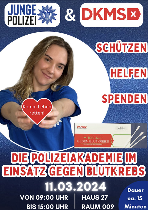 In der Polizeiakademie in Ruhleben war die JUNGE POLIZEI der DPolG Berlin am 11.März 2024 gemeinsam mit der #DKMS Deutschen Knochenmarkspenderdatei @dkms_de im Einsatz gegen Blutkrebs: in Haus 27, Raum 009. Vor Ort: Behnam Teimouri Hashtgerdi, Vorsitzender DPolG KV Polizeiakademie/Junge Polizei und zu Besuch: Rainer Wendt, Vorsitzender DPolG Bund Blutkrebs ist nach wie vor die häufigste Ursache für krebsbedingte Todesfälle bei Kindern, so die DKMS. Viele Patientinnen und Patienten können ohne eine lebensrettende Stammzellspende nicht überleben. Mit der Suche nach geeigneten Spenden beginnt immer auch ein Wettlauf gegen die Zeit. Je schneller ein „Match“ gefunden wird, desto größer sind die Überlebenschancen der Erkrankten.