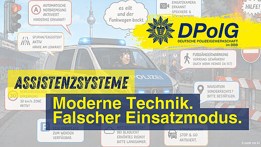 Illustration eines Berliner Polizeifunkwagens mit aktivierten Fahrerassistenzsystemen während einer Einsatzfahrt. Warnhinweise wie Notbremsassistent, Spurhalteassistent und Verkehrszeichenerkennung verdeutlichen, dass moderne Assistenzsysteme Sonder- und Wegerechte nicht berücksichtigen.