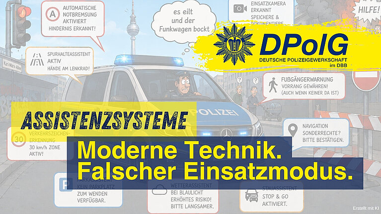 Illustration eines Berliner Polizeifunkwagens mit aktivierten Fahrerassistenzsystemen während einer Einsatzfahrt. Warnhinweise wie Notbremsassistent, Spurhalteassistent und Verkehrszeichenerkennung verdeutlichen, dass moderne Assistenzsysteme Sonder- und Wegerechte nicht berücksichtigen.