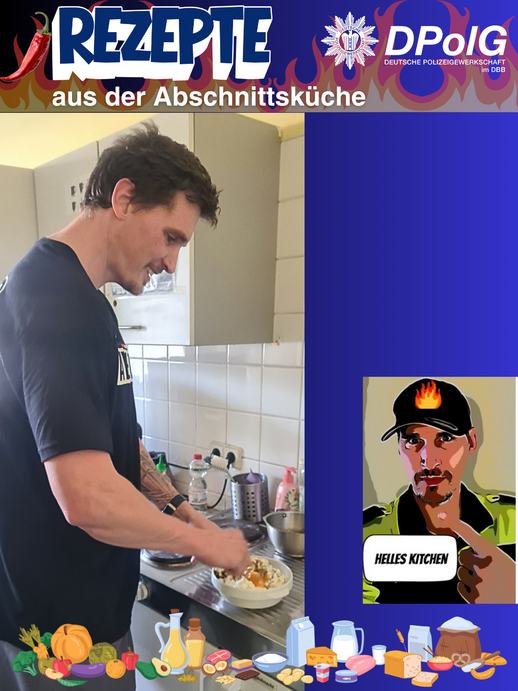 Kollege bereitet in einer Dienststellenküche der Polizei Berlin die Protein-Wrap-Füllung aus Frischkäse, Eiern und Protein-Bowl zu.