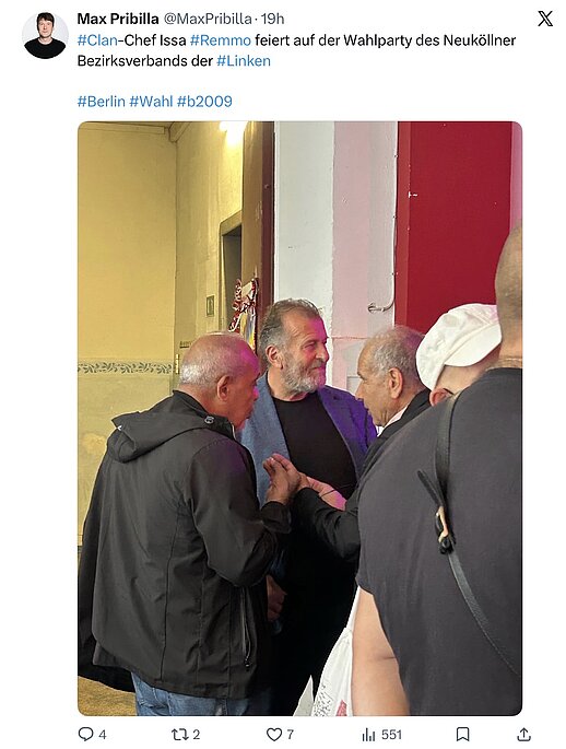 Screenshot eines X-Beitrags von Max Pribilla zur Wahlparty der Linken in Berlin-Neukölln mit einem Foto von Issa Remmo