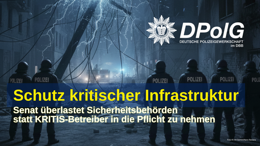 Polizisten stehen vor einem Strommast, der in Brand gesetzt worden ist. Sie sollen die kritische Infrastruktur in Berlin schützen. Es handelt sich um ein KI-Bild, generiert von Gemini Nano banana.