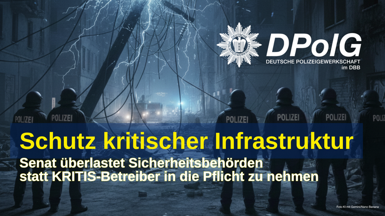 Polizisten stehen vor einem Strommast, der in Brand gesetzt worden ist. Sie sollen die kritische Infrastruktur in Berlin schützen. Es handelt sich um ein KI-Bild, generiert von Gemini Nano banana.