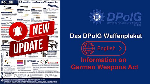 Header image for the English-language DPolG weapons poster. On the left, the updated English weapons poster is shown with the notice “New Update”. On the right, the DPolG logo, the heading “Das DPolG Waffenplakat”, and the note “English – Information on German Weapons Act” appear on a blue background.