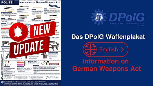 Header image for the English-language DPolG weapons poster. On the left, the updated English weapons poster is shown with the notice “New Update”. On the right, the DPolG logo, the heading “Das DPolG Waffenplakat”, and the note “English – Information on German Weapons Act” appear on a blue background.