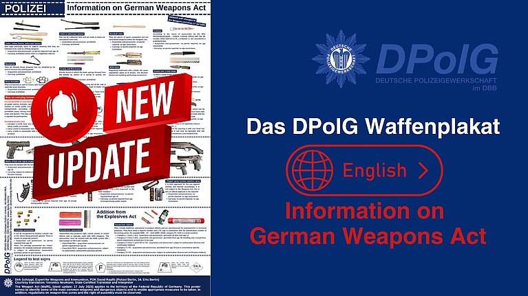 Header image for the English-language DPolG weapons poster. On the left, the updated English weapons poster is shown with the notice “New Update”. On the right, the DPolG logo, the heading “Das DPolG Waffenplakat”, and the note “English – Information on German Weapons Act” appear on a blue background.