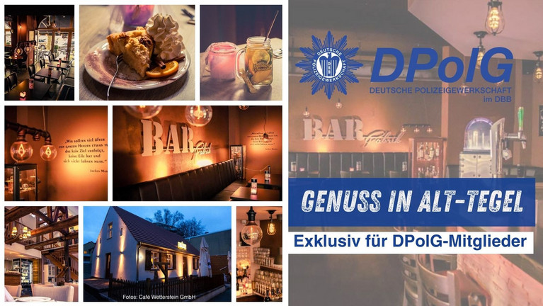 Symbolbild, zusammengesetzt aus einzelnen Fotos aus Café Wetterstein & Bar Fabrik in Alt-Tegel: mit Kuchen & Cocktails. Hinweis auf die exklusive Gutschein-Verlosung für DPolG-Mitglieder & Foodspot-Aktion