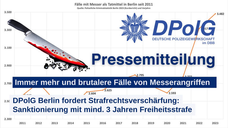 Da die Zahl der Messerangriffe weiter deutlich zunimmt und brutaler wird, fordert die DPolG Berlin eine Bundesratsinitiative. Best. Messerattacken sind als Verbrechen einzustufen und mit mindestens 3 Jahren Freiheitsstrafe zu sanktionieren.
