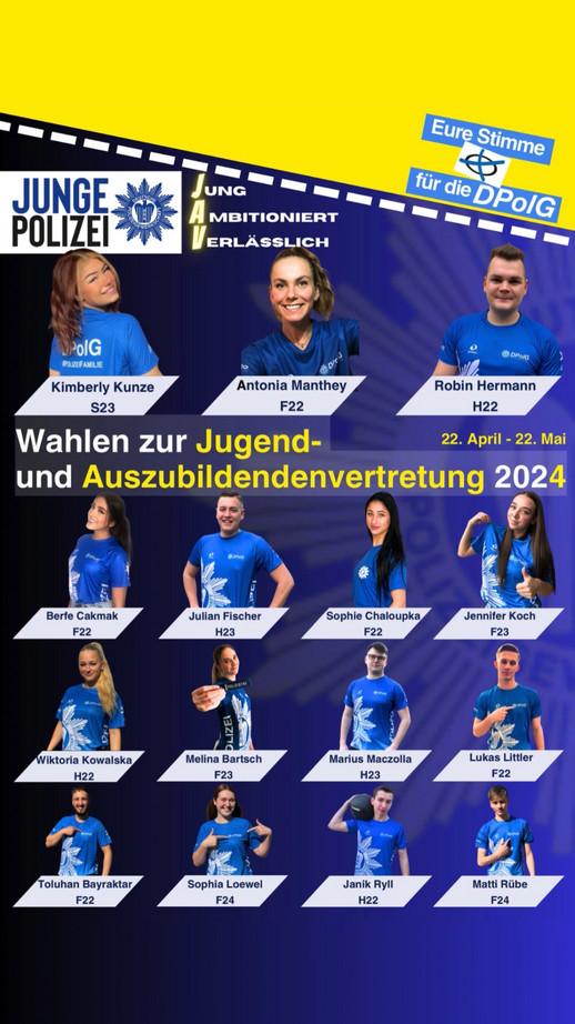 Mitte April, 10 Tage vor dem Beginn der JAV/GJAV Wahlen, ging der Wahlkampf in die heiße Phase! Schon in den drei Wochen zuvor hatten wir mit unseren Themen-Plakaten auf uns aufmerksam gemacht. Gestern haben unsere Spitzenkandidatinnen und Spitzenkandidaten unsere neuen Plakate persönlich in der Polizeiakademie aufgehangen. 